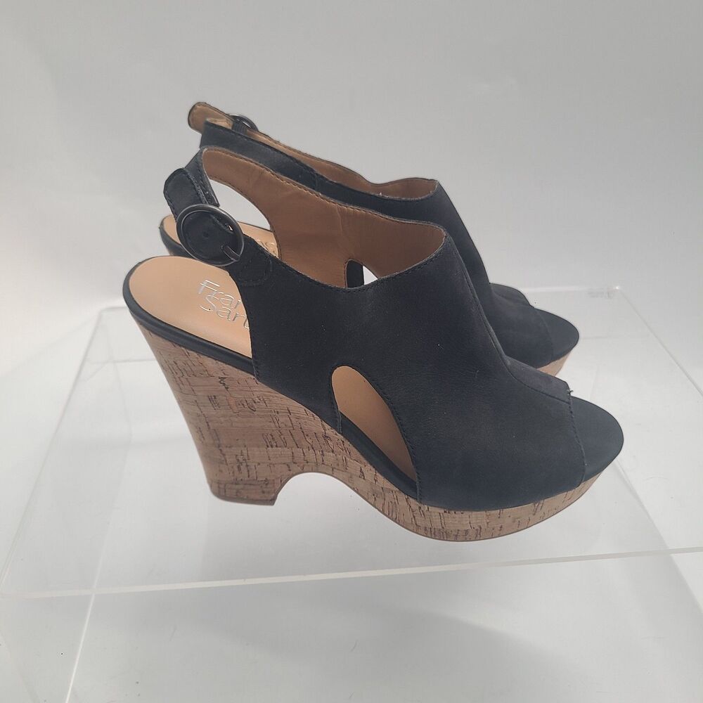 Franco Sarto Womens Gabriel Wedges Sandals Shoes Black Leather US Sz10